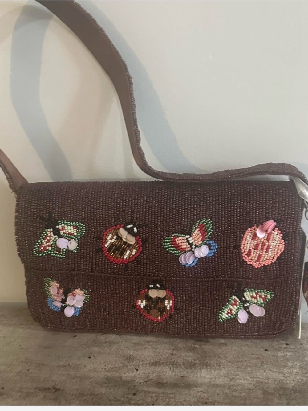 Beaded Brown Crossbody Bag with Floral Appliqués